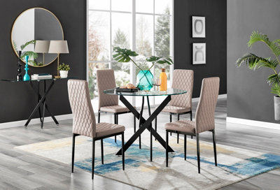 B&Q -  Novara Clear Tempered Glass 100Cm Round Dining Table With Black Starburst Legs & 4 Beige Milan Faux Leather Chairs