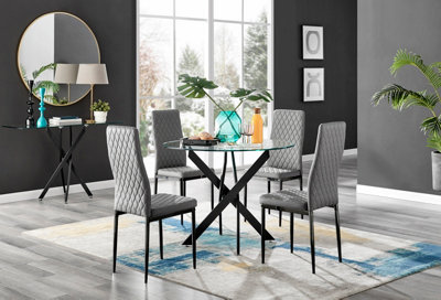 Furniturebox Black/Grey Novara Clear Tempered Glass Round Dining Table With Starburst Legs & 4 Milan Faux Leather Chairs 100Cm