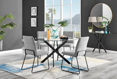 Furniturebox Novara Clear Tempered Glass 120Cm Round Dining Table With Black Starburst Legs & 4 Light Grey Halle Fabric Chairs from B&Q