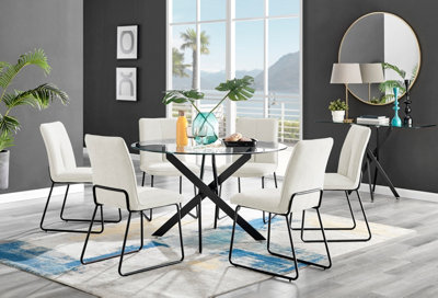 Furniturebox Novara Clear Tempered Glass 120Cm Round Dining Table With Black Starburst Legs & 6 Cream Halle Soft Fabric Chairs from B&Q