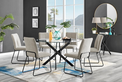 Furniturebox Novara Clear Tempered Glass 120Cm Round Dining Table With Black Starburst Legs & 6 Taupe Halle Soft Fabric Chairs from B&Q