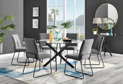 Furniturebox Novara Clear Tempered Glass 120Cm Round Dining Table With Black Starburst Legs & 6 Dark Grey Halle Soft Fabric Chairs from B&Q