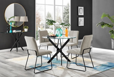 Furniturebox Novara Clear Tempered Glass 100Cm Round Dining Table With Black Starburst Legs & 4 Taupe Halle Soft Fabric Chairs from B&Q