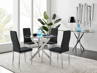 Furniturebox Novara Clear Tempered Glass 100Cm Round Dining Table With Chrome Starburst Legs & 4 Black Milan Faux Leather Chairs from B&Q