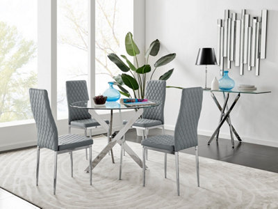 Furniturebox Novara Clear Tempered Glass 100Cm Round Dining Table With Chrome Starburst Legs & 4 Grey Milan Faux Leather Chairs from B&Q