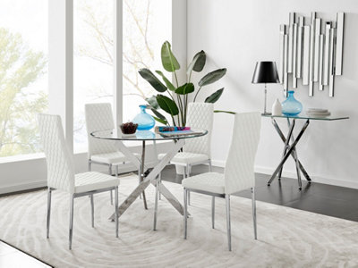 Furniturebox Novara Clear Tempered Glass 100Cm Round Dining Table With Chrome Starburst Legs & 4 White Milan Faux Leather Chairs from B&Q