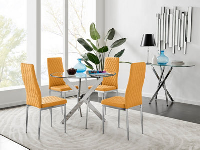 Furniturebox Novara Clear Tempered Glass 100Cm Round Dining Table With Chrome Starburst Legs & 4 Mustard Milan Faux Leather Chairs from B&Q