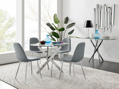 Furniturebox Novara Clear Tempered Glass 100Cm Round Dining Table With Chrome Starburst Legs & 4 Grey Corona Faux Leather Chairs from B&Q