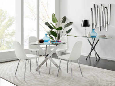 Furniturebox Novara Clear Tempered Glass 100Cm Round Dining Table With Chrome Starburst Legs & 4 White Corona Faux Leather Chairs from B&Q