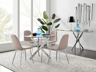 Furniturebox Novara Clear Tempered Glass 100Cm Round Dining Table With Chrome Starburst Legs & 4 Beige Corona Faux Leather Chairs from B&Q