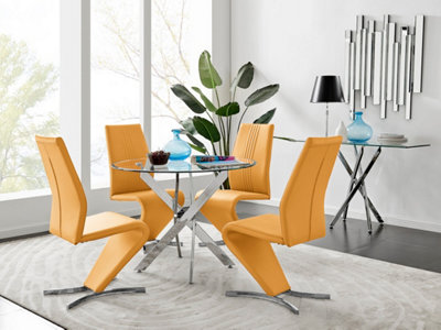 Furniturebox Novara Clear Tempered Glass 100Cm Round Dining Table With Chrome Legs & 4 Mustard Willow Faux Leather Chairs from B&Q