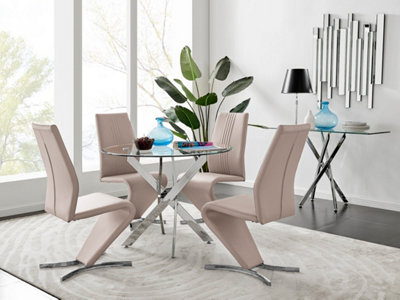 B&Q -  Novara Clear Tempered Glass 100Cm Round Dining Table With Chrome Starburst Legs & 4 Beige Willow Faux Leather Chairs
