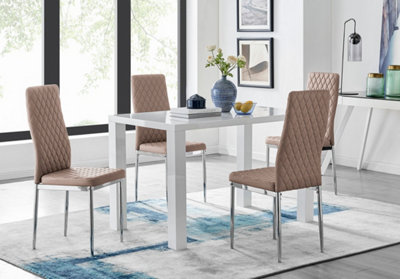 B&Q -  Pivero White High Gloss Dining Table And 4 Cappuccino Beige Milan Chairs Set