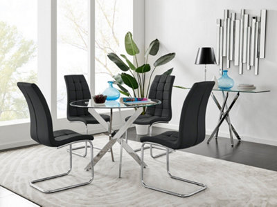 B&Q -  Uk Novara Chrome Metal Round Glass Dining Table And 4 Black Murano Dining Chairs
