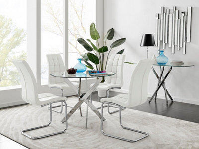 B&Q -  Uk Novara Chrome Metal Round Glass Dining Table And 4 White Murano Dining Chairs
