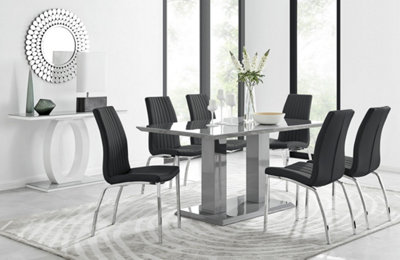 Furniturebox Imperia High Gloss 6 Seater Dining Table With Structural 2 Plinth Column Legs 6 Stitched Faux Leather Isco Chairs Grey/Black