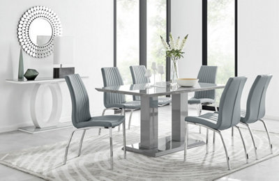 Furniturebox Imperia High Gloss 6 Seater Dining Table With Structural 2 Plinth Column Legs 6 Stitched Faux Leather Isco Chairs Grey