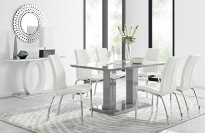 B&Q -  Imperia Grey High Gloss 6 Seater Dining Table With Structural 2 Plinth Column Legs 6 White Stitched Faux Leather Isco Chairs