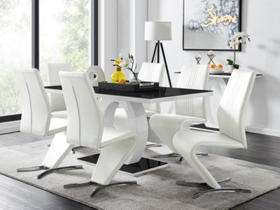 Furniturebox Giovani Rectangular 6 Seat White High Gloss Halo Structural Dining Table Black Glass Top And 6 White Faux Leather Willow Chairs from B&Q