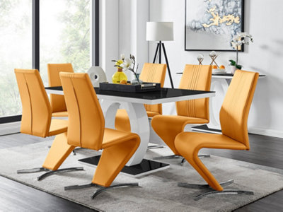 Furniturebox Giovani Rectangular 6 Seat White High Gloss Halo Structural Dining Table Black Glass Top And 6 Mustard Faux Leather Willow Chairs from B&Q