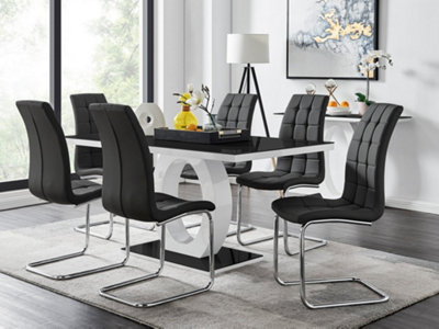 Furniturebox Giovani Rectangular 6 Seat High Gloss Halo Structural Dining Table Glass Top And 6 Faux Leather Murano Chairs White/Black