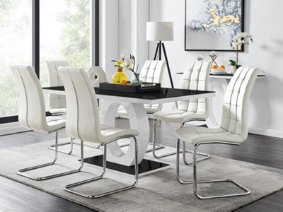 Furniturebox Giovani Rectangular 6 Seat High Gloss Halo Structural Dining Table Glass Top And 6 Faux Leather Murano Chairs White/Black