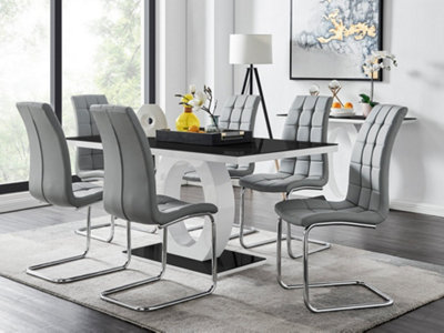 Furniturebox Giovani Rectangular 6 Seat High Gloss Halo Structural Dining Table Glass Top And 6 Faux Leather Murano Chairs White/Black/Grey
