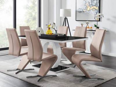 Furniturebox Giovani Rectangular 6 Seat White High Gloss Halo Structural Dining Table Black Glass Top And 6 Beige Faux Leather Willow Chairs from B&Q
