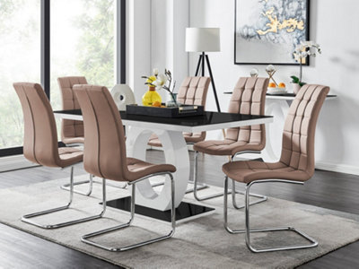 Furniturebox Giovani Rectangular 6 Seat High Gloss Halo Structural Dining Table Glass Top And 6 Faux Leather Murano Chairs White/Black/Beige