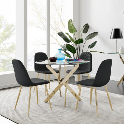 Furniturebox Uk Novara Chrome Metal Round Glass Dining Table And 4 Black Corona Gold Dining Chairs from B&Q