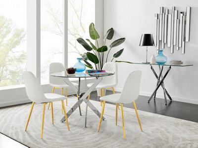 Furniturebox Uk Novara Chrome Metal Round Glass Dining Table And 4 White Corona Gold Dining Chairs from B&Q