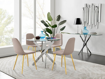 Furniturebox Uk Novara Chrome Metal Round Glass Dining Table And 4 Cappuccino Beige Corona Gold Dining Chairs from B&Q