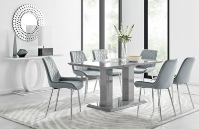 Furniturebox Imperia Grey High Gloss 6 Seater Dining Table With Structural 2 Plinth Column Legs 6 Grey Velvet Silver Leg Pesaro Chairs from B&Q