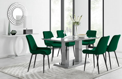 Furniturebox Imperia High Gloss 6 Seater Dining Table With Structural 2 Plinth Column Legs 6 Velvet Leg Pesaro Chairs Grey/Black
