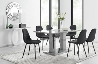 B&Q -  Imperia Grey High Gloss 6 Seater Dining Table With Structural 2 Plinth Column Legs 6 Black Faux Leather Black Leg Corona Chairs