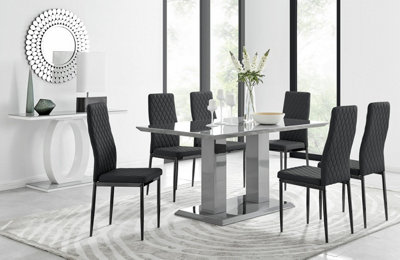 Furniturebox Imperia High Gloss 6 Seater Dining Table With Structural 2 Plinth Column Legs 6 Faux Leather Leg Milan Chairs Grey/Black