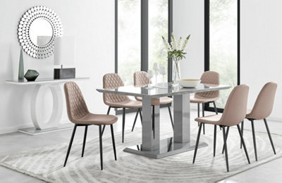 B&Q -  Imperia Grey High Gloss 6 Seater Dining Table With Structural 2 Plinth Column Legs 6 Beige Faux Leather Gold Leg Corona Chairs