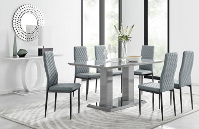 Furniturebox Imperia High Gloss 6 Seater Dining Table With Structural 2 Plinth Column Legs 6 Faux Leather Leg Milan Chairs Grey/Black