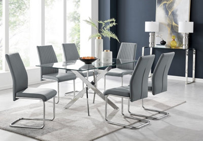 Furniturebox Uk Leonardo Glass And Chrome Metal Dining Table And 6 Elephant Grey Lorenzo Leather Chairs from B&Q