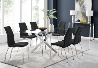 Furniturebox Uk Leonardo Glass And Chrome Metal Dining Table And 6 Black Isco Faux Leather Chairs from B&Q