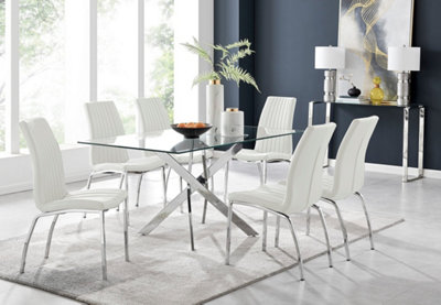 Furniturebox Uk Leonardo Glass And Chrome Metal Dining Table And 6 White Isco Faux Leather Chairs from B&Q