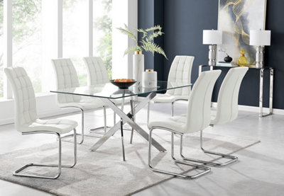 Furniturebox Uk Leonardo Glass And Chrome Metal Dining Table And 6 White Murano Faux Leather Chairs from B&Q