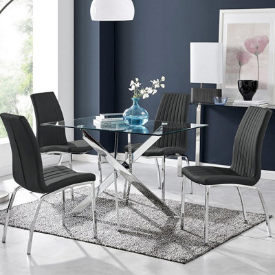 Furniturebox Uk Leonardo Glass And Chrome Metal Dining Table And 4 Black Isco Chairs Set from B&Q