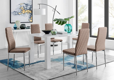 B&Q -  Uk Pivero White High Gloss Dining Table And 6 Cappuccino Beige Milan Chairs Set