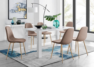 B&Q -  Uk Pivero White High Gloss Dining Table And 6 Cappuccino Beige Corona Gold Chairs Set