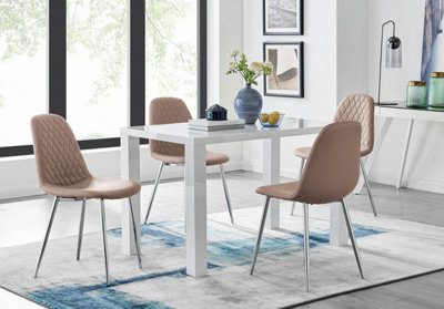 B&Q -  Uk Pivero White High Gloss Dining Table And 4 Cappuccino Beige Corona Silver Chairs Set