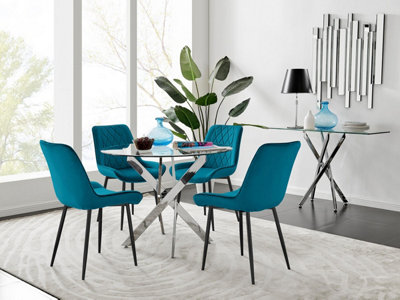 B&Q -  Uk Novara 100Cm Round Dining Table And 4 Blue Pesaro Black Leg Chairs