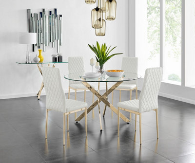 Furniturebox Uk Novara 120Cm Gold Round Dining Table And 4 White Gold Leg Milan Chairs from B&Q