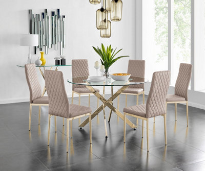 Furniturebox Uk Novara 120Cm Gold Round Dining Table And 6 Cappuccino Gold Leg Milan Chairs from B&Q