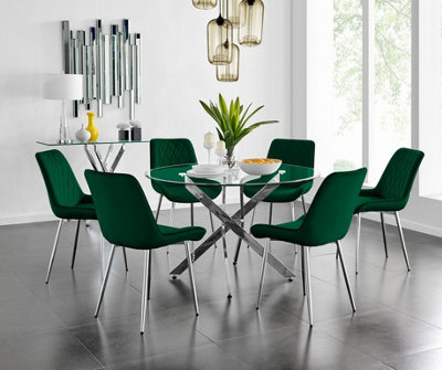 Furniturebox Green/Silver Uk Novara Round Dining Table And 6 Pesaro Leg Chairs 120Cm